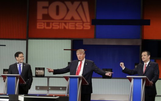 Chuck Burton/AP Sen. Ted Cruz, R-Texas, Sen. Marco Rubio, R-Fla., and businessman Donald Trump stand during the Fox Business Network Republican presidential debate at the North Charleston Coliseum, on Thursday, Jan. 14, 2016, in North Charleston, S.C.